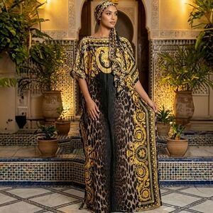 Black & Gold Printed Caftan Dress with Headscarf